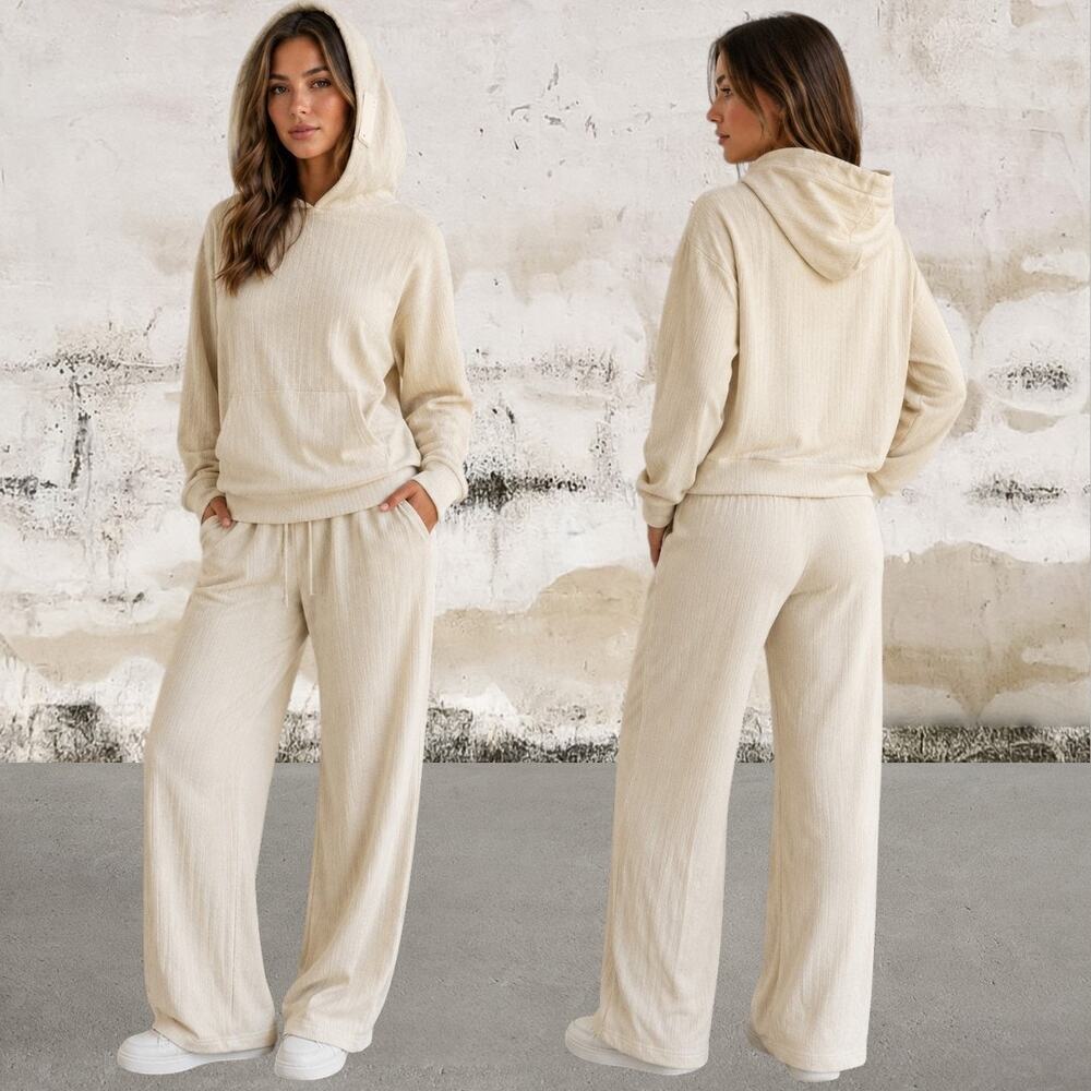 Oneleven Cream Ribbed Hoodie & Wide-Leg Lounge Pant Set Size Medium NWT